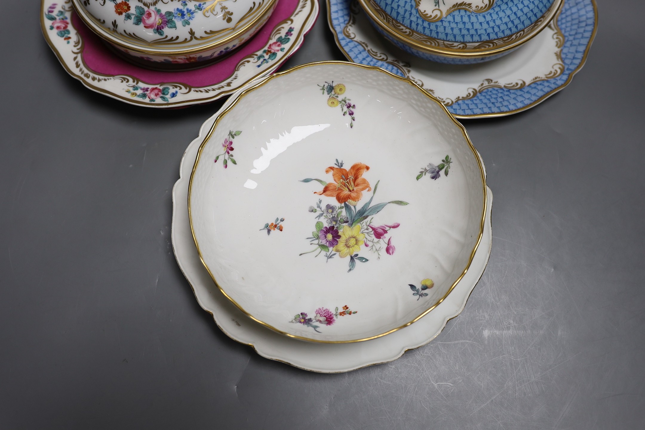 Two 19th century Meissen plates, 24.5cm, a 19th century Copenhagen porcelain dish and a pair of Continental porcelain ecuelles covers and stands